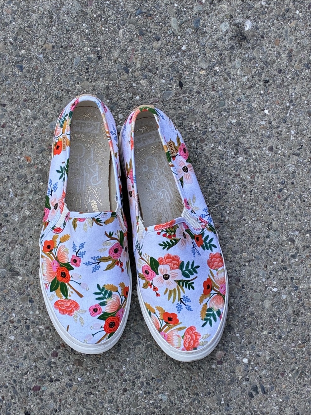 Keds White Floral Slip-On Sneakers with Pink & Orange Blooms
